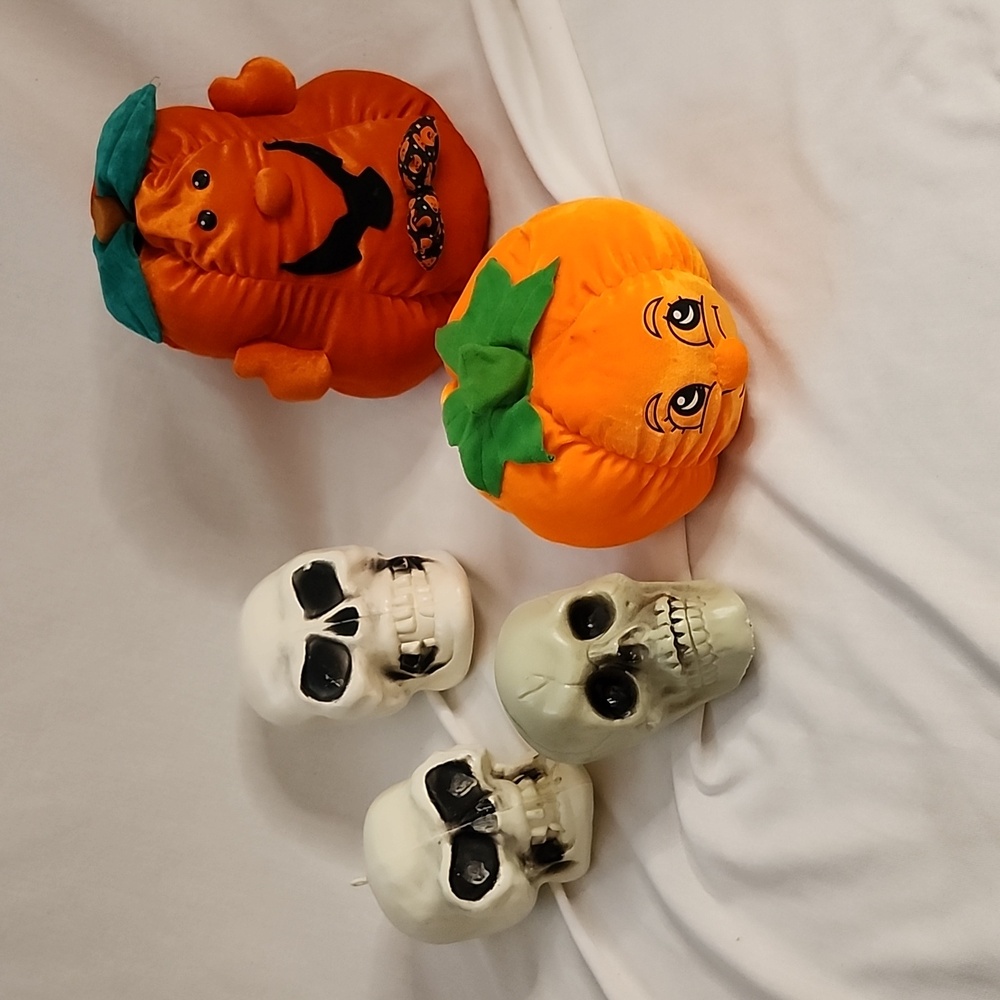 Halloween Pumpkin Plushies and Skull Decor